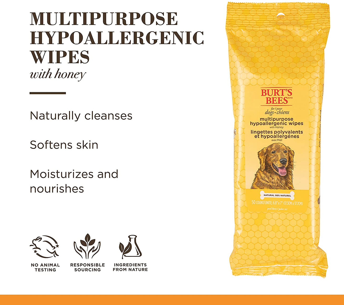 Burt'S Bees for Dogs Multipurpose Grooming Wipes, 50 Ct - Puppy and Dog Wipes for All Purpose Grooming - Burts Bees Wipes, Pet Wipes for Dogs, Puppy Wipes, Dog Face Wipes, Paw Wipes